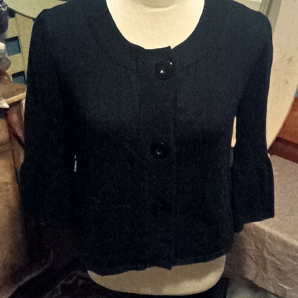 Black cropped button up bell sleeve sweater- small